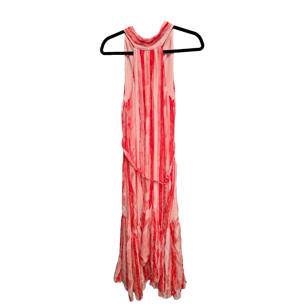 Ramy Brook Babette Striped Silk Blend Halter Tie Belt Midi Dress Sz S Coral NEW